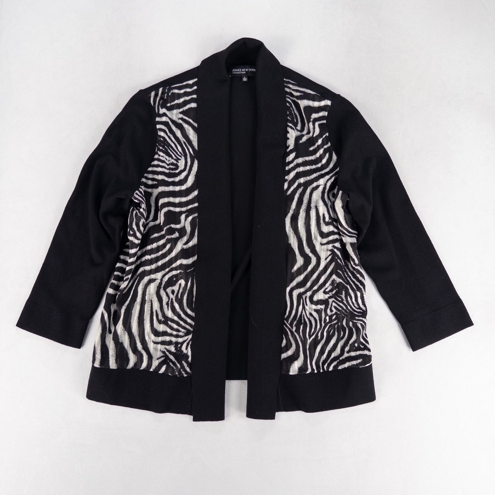 Jones New York Collection Cardigan L Black Zebra Print Chiffon Mixed Media Open
